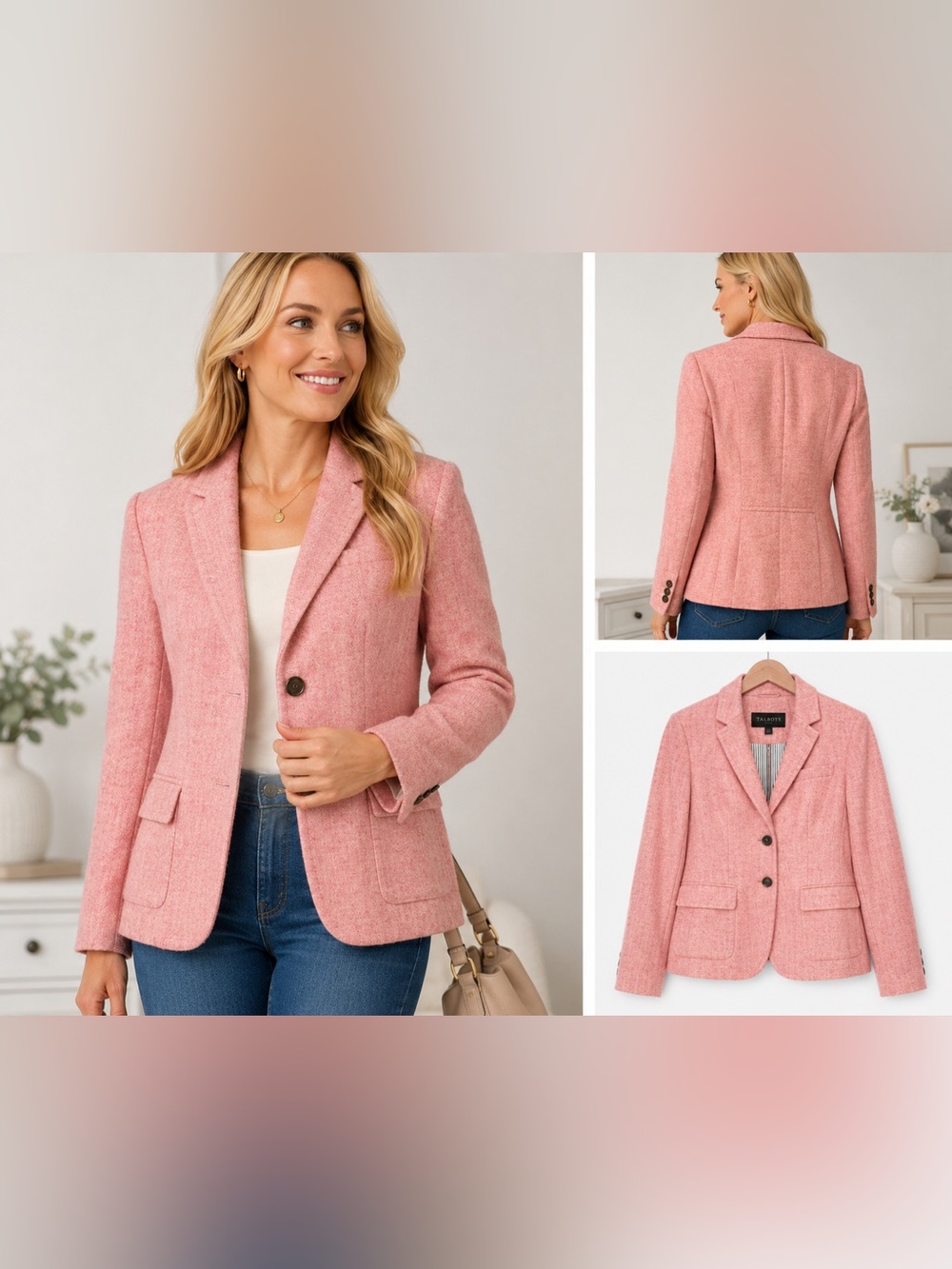 Talbots Women’s Pink Wool Blend Blazer Jacket Size 12 Tweed 2 Button Career